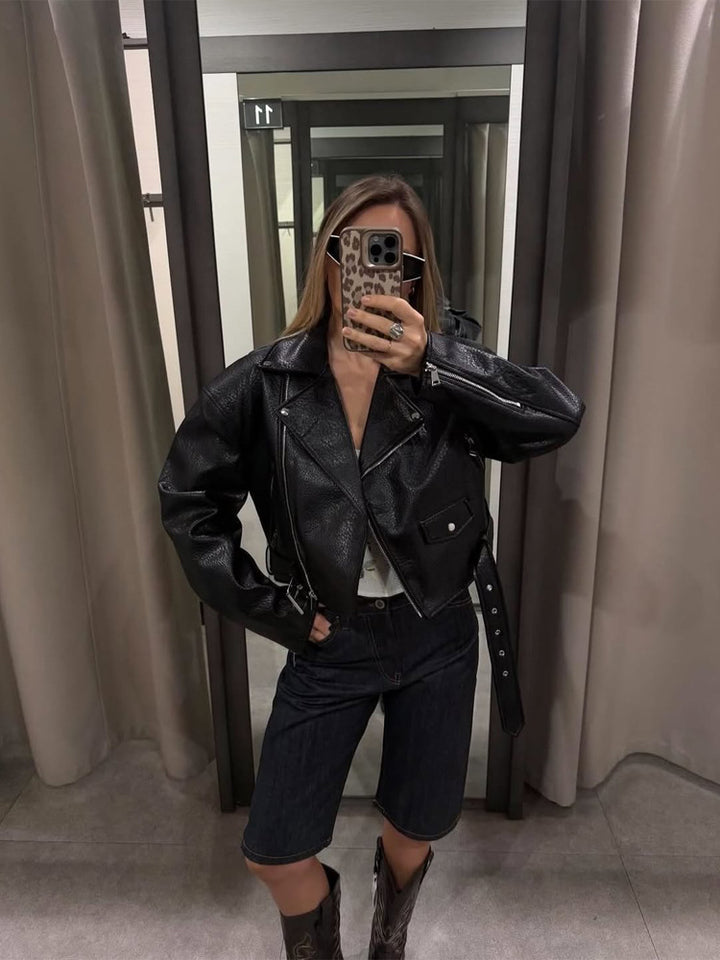 Women Short Structured Biker Jacket Made of Faux Leather Amarae