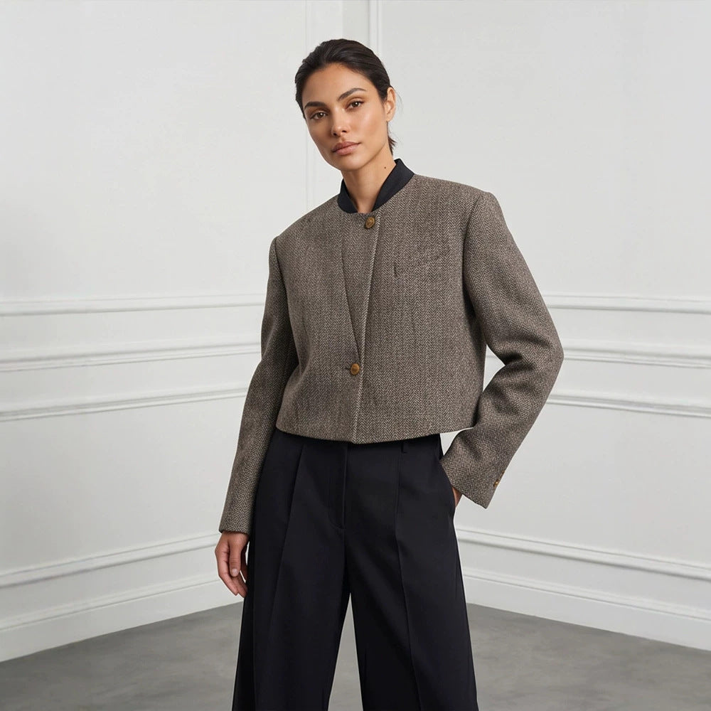 Ladies Short Cut Wool Blazer with Stand-up Collar and Herringbone Pattern Amarae