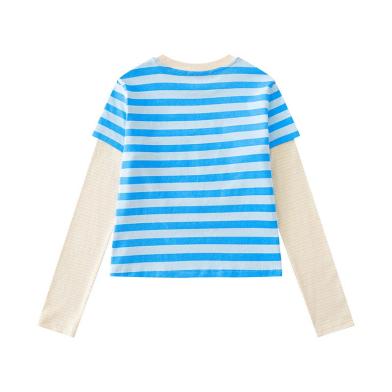 Women's Layered Long Sleeve Shirt in Layer Look with Contrasting Striped Sleeves and Typographic Print Amarae