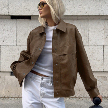 Casual women's synthetic leather jacket in modern oversized style Lune London