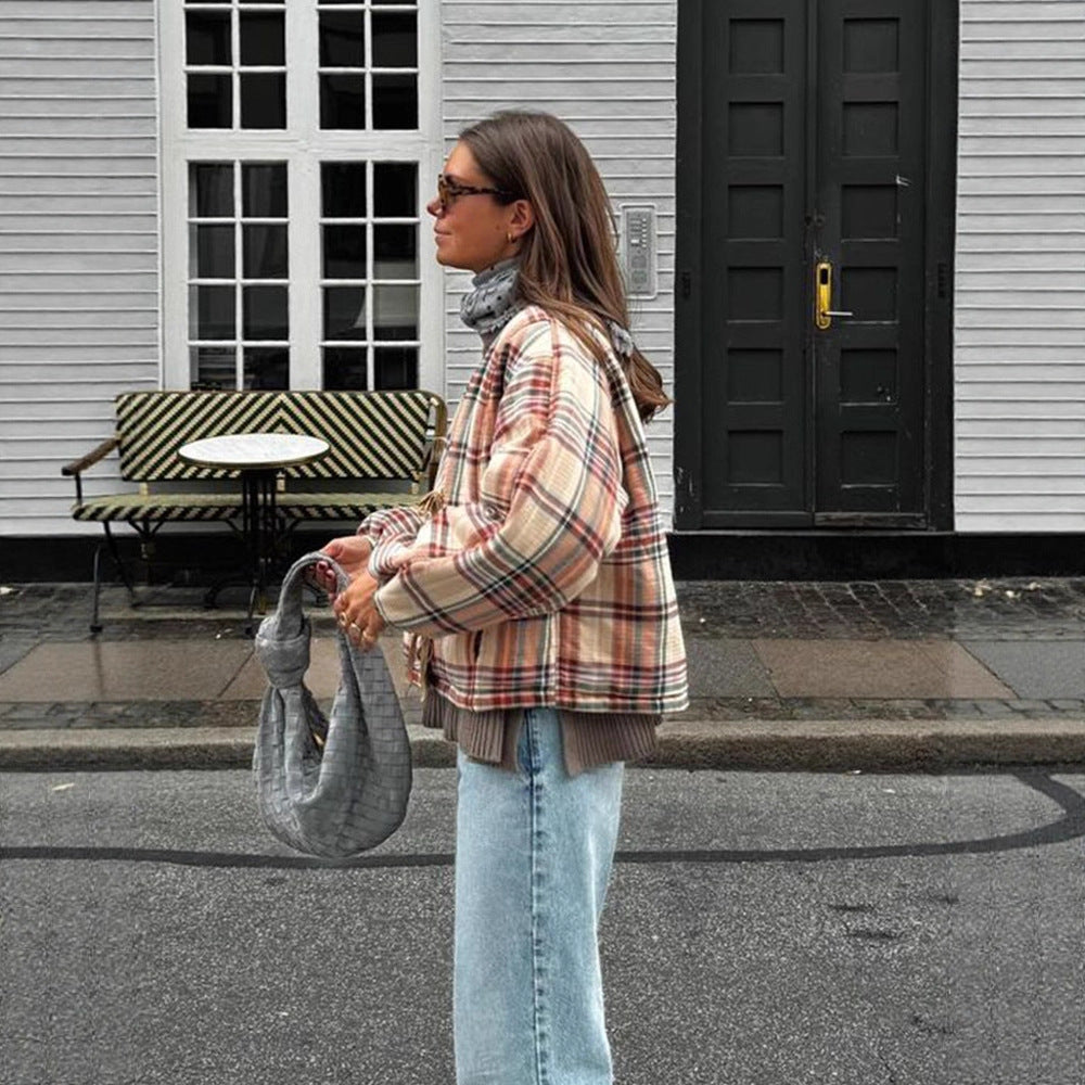Women Padded Short Quilted Jacket in Check Pattern with Drawstring Hem and Oversized Sleeves Amarae