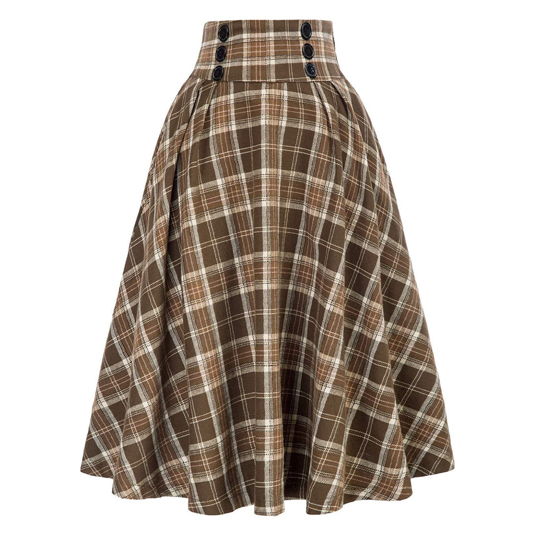 Women A-line Checkered Midi Skirt with Elastic Waistband Amarae
