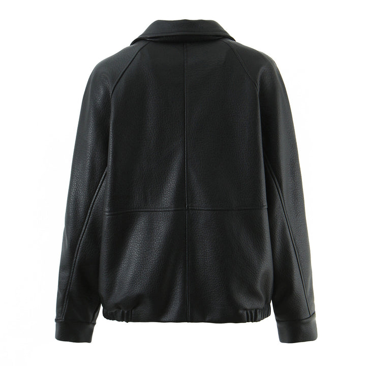 Elegant synthetic leather jacket for women with double-breasted buttons and wide lapels Lune London