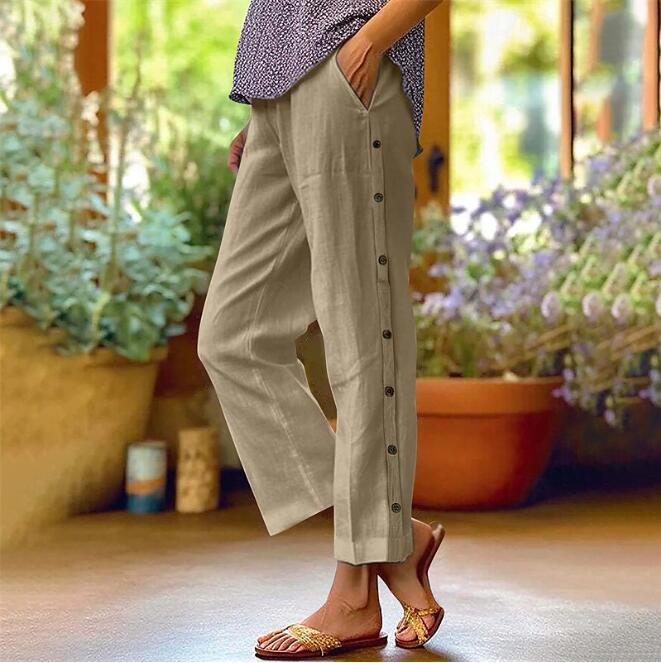 Linen pants for women with side button details and relaxed fit Lune London