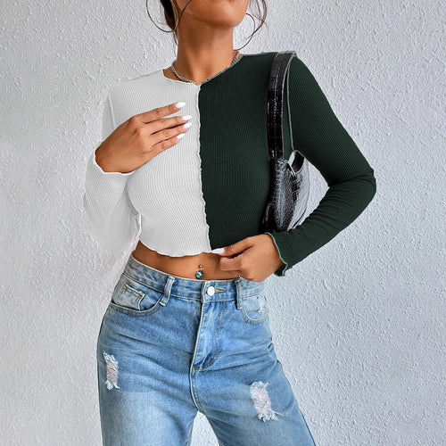Chemise femme à manches longues cropped avec deux couleurs et design en rib tendance Chic & Stil