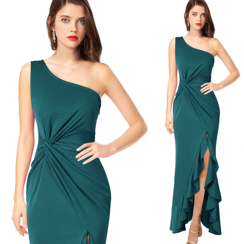 Maxi dress for women with asymmetrical neckline and elegant draped design Lune London