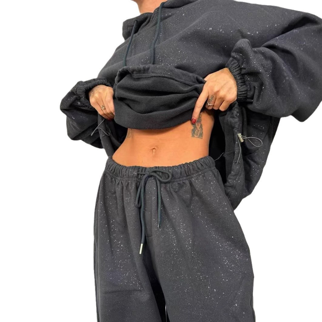 Women Urban Oversized Sweatshirt Set with Shiny Chic Accents and Style
