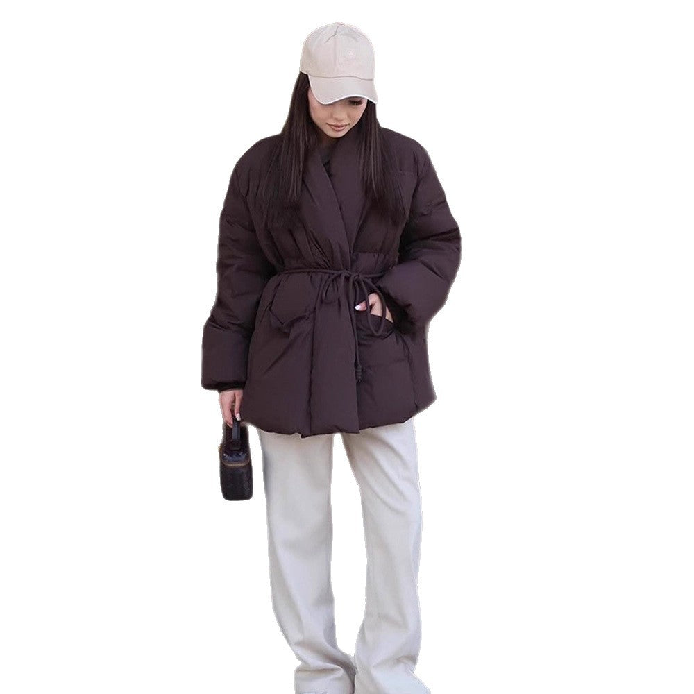 Women's Quilted Tailored Quilted Jacket with Shawl Collar and Tie Belt Amarae