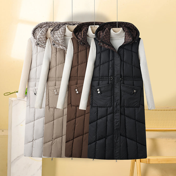 Ladies long quilted gilet with hood and practical drawstring Lune London