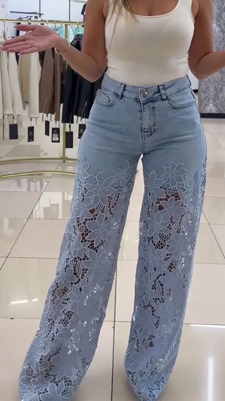 Women Elegant Wide Leg Jeans with Floral Lace Insert Lune London