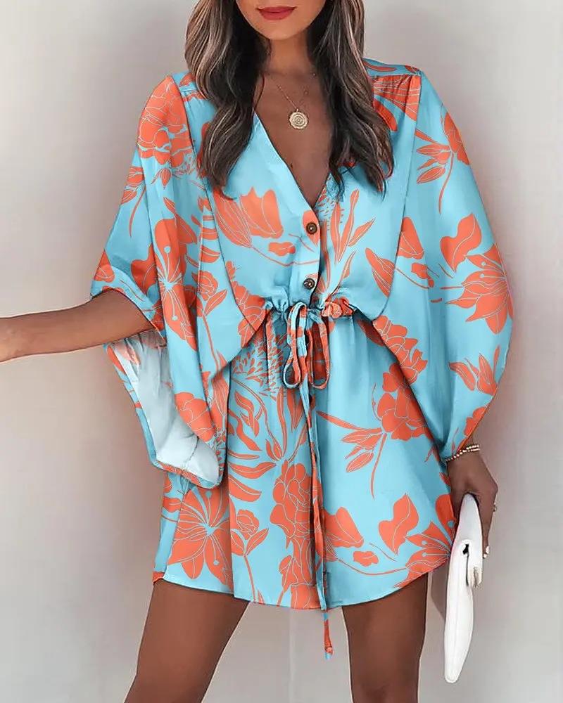Shirt dress women with floral design and V-neck Lune London