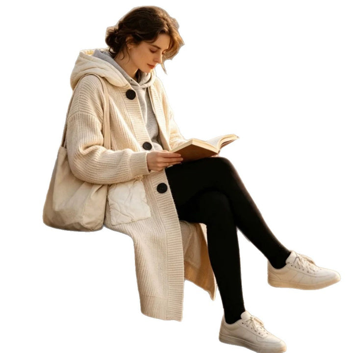 Women Longer Chunky Knit Coat with Hood, Ribbed Cuffs & Patch Pockets Amarae
