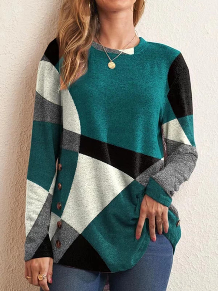 Women's fine knit sweater with geometric color block and decorative buttons Amarae