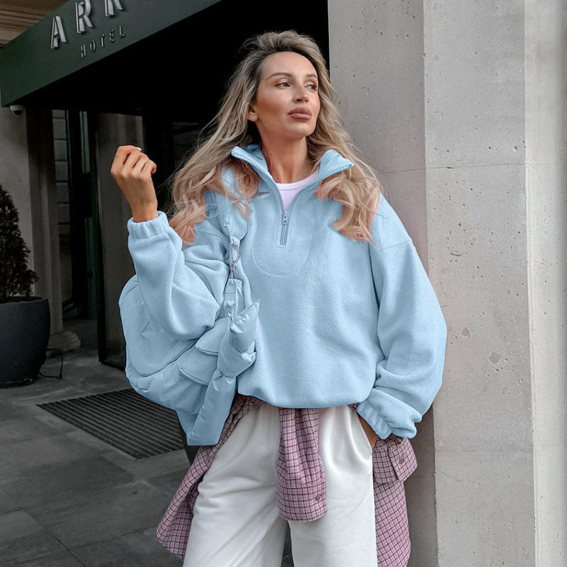 Women’s Oversized Fleece Pullover with Half Zipper and Stand-Up Collar Amarae