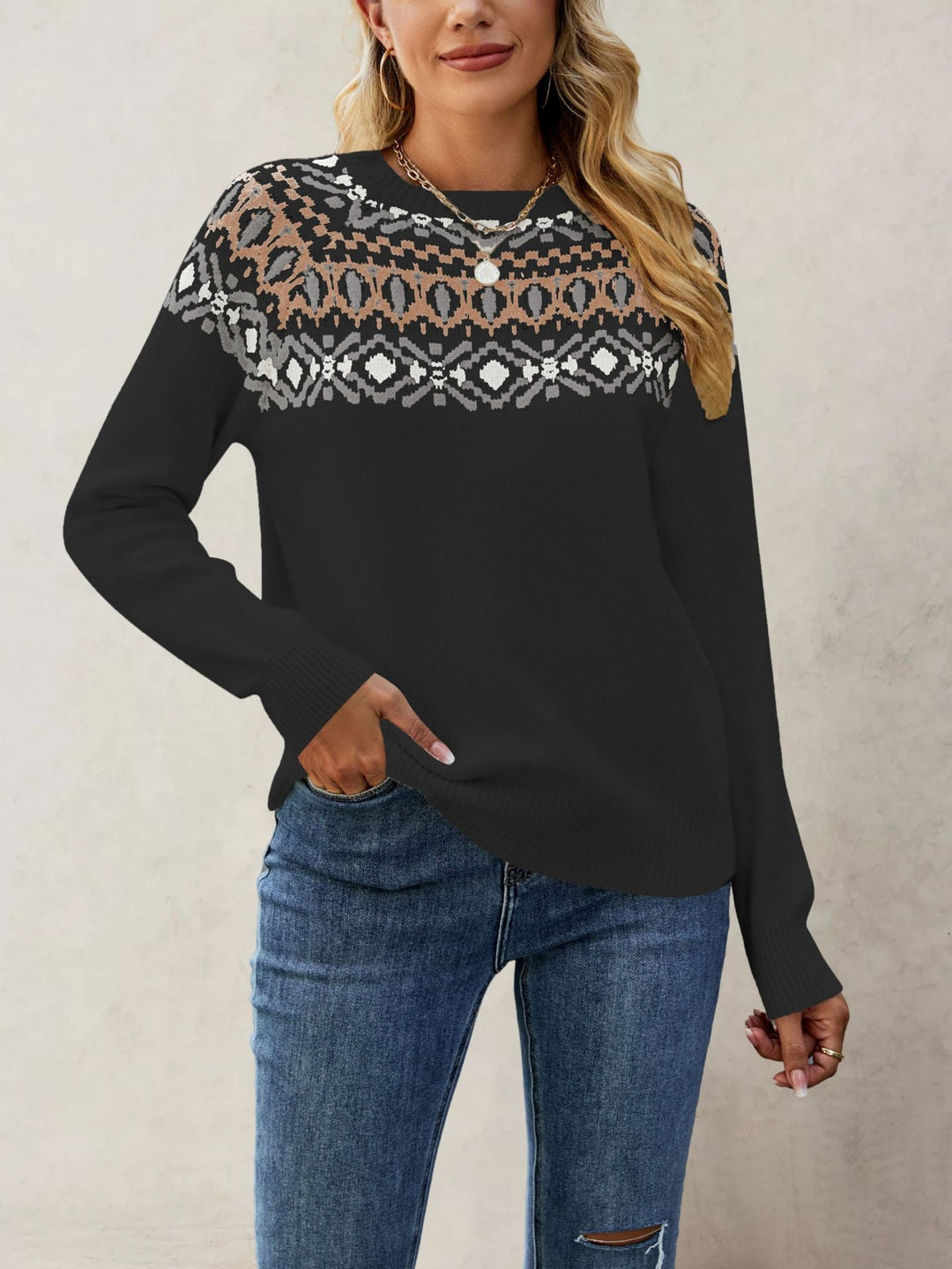 Women's Nordic Pattern Pullover with Round Neck and Casual Cut Chic Und Stil