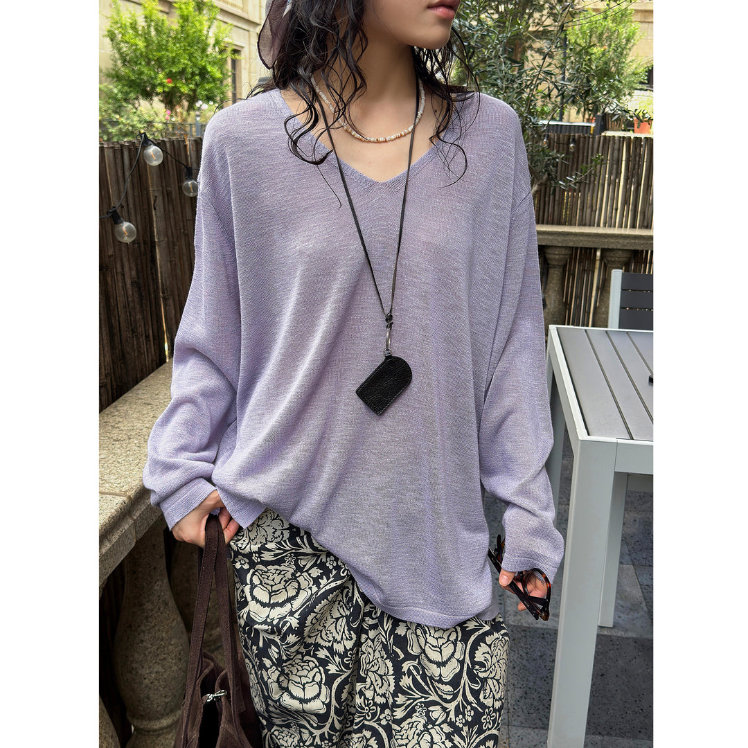 Women Casual V-Neck Fine Knit Long Sleeve with Dropped Shoulder Amarae