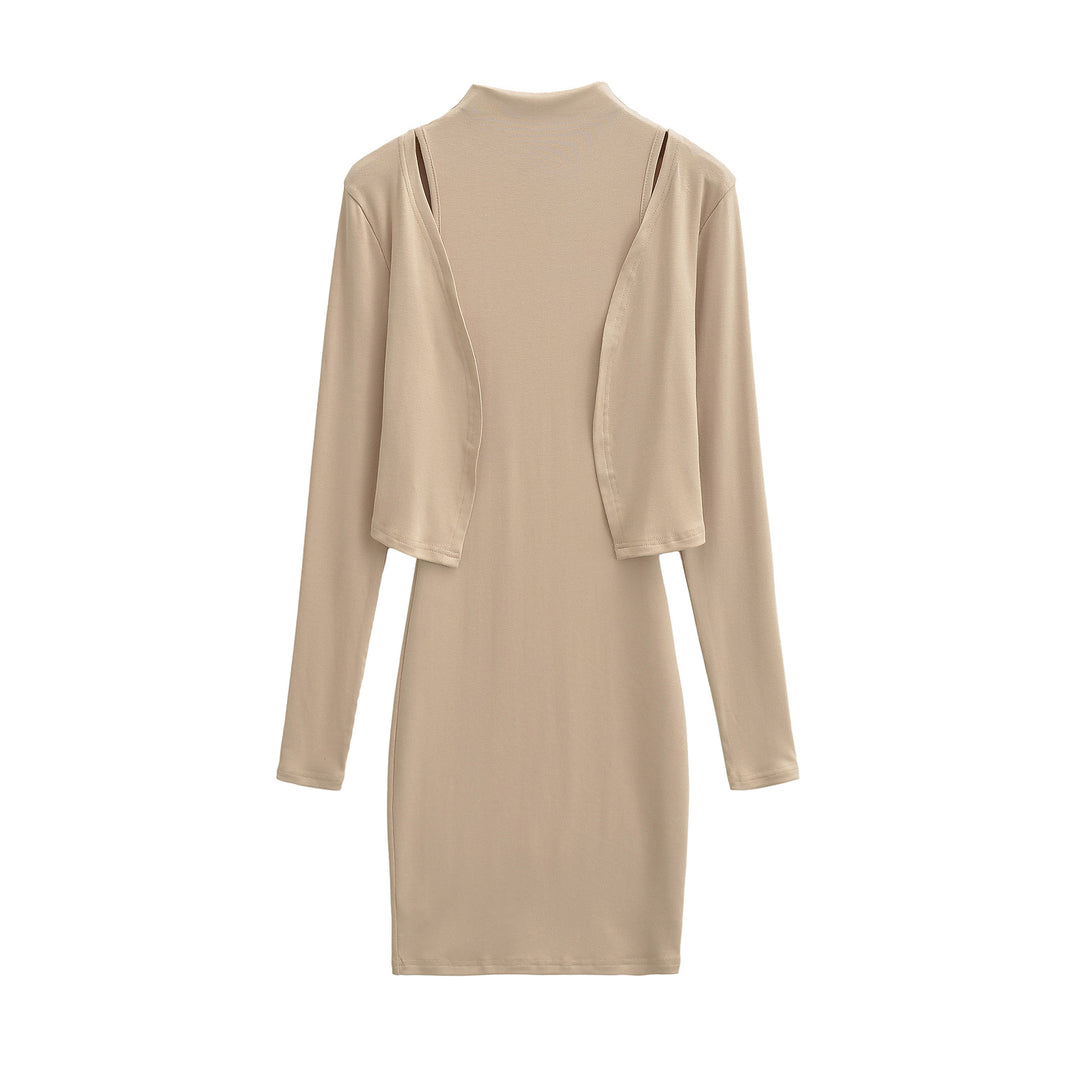 Ladies Figured Close-Fitting Midi Dress with Integrated Bolero and Stand-Up Collar Amarae