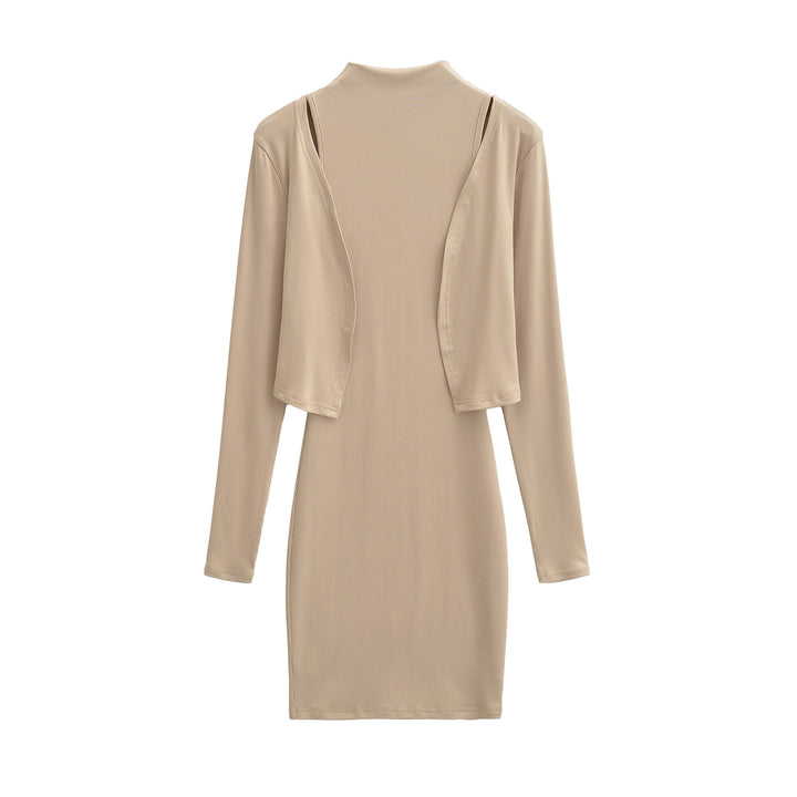 Ladies Figured Close-Fitting Midi Dress with Integrated Bolero and Stand-Up Collar Amarae