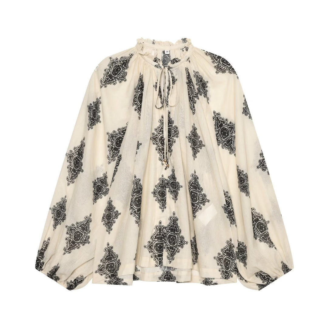 Women's Lightweight Chiffon Tunic with Ruffled Collar, Tie Band and Balloon Sleeves Amarae