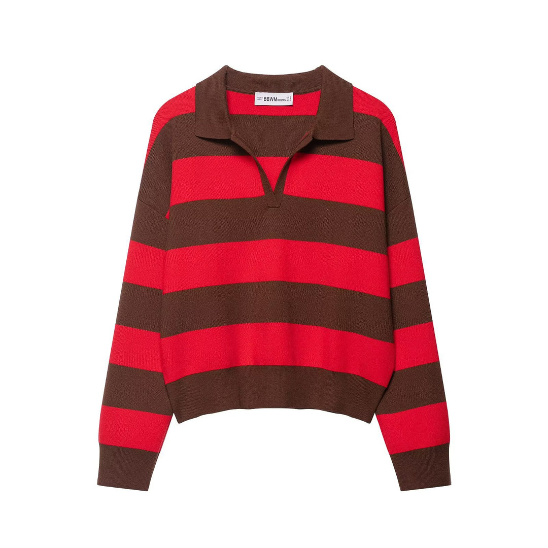Women's Oversize Striped Rugby Sweater with Open Polo Collar and V-Neck Amarae