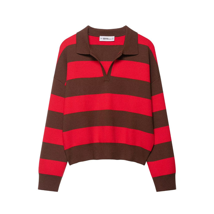 Women's Oversize Striped Rugby Sweater with Open Polo Collar and V-Neck Amarae