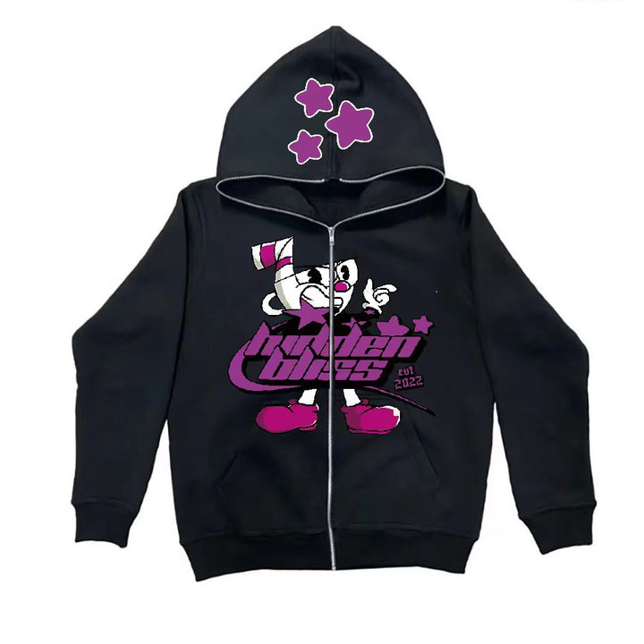Cool hoodie for women with colorful graphic print and practical zipper Lune London