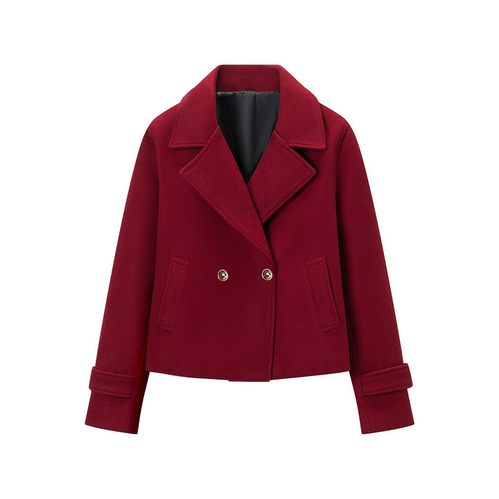 Women Short Double-Breasted Wool Mix Short Coat with Large Lapels, Roll-Up Cuffs and Flap Pockets Amarae