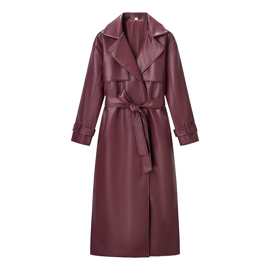 Women Oversize Faux Leather Coat in Trench Coat Style with Wide Lapels Amarae