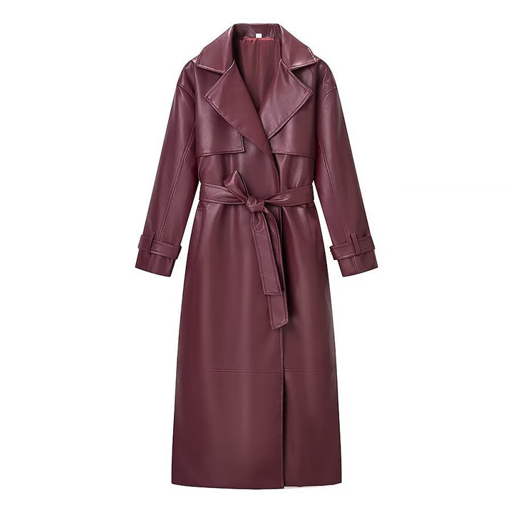 Women Oversize Faux Leather Coat in Trench Coat Style with Wide Lapels Amarae