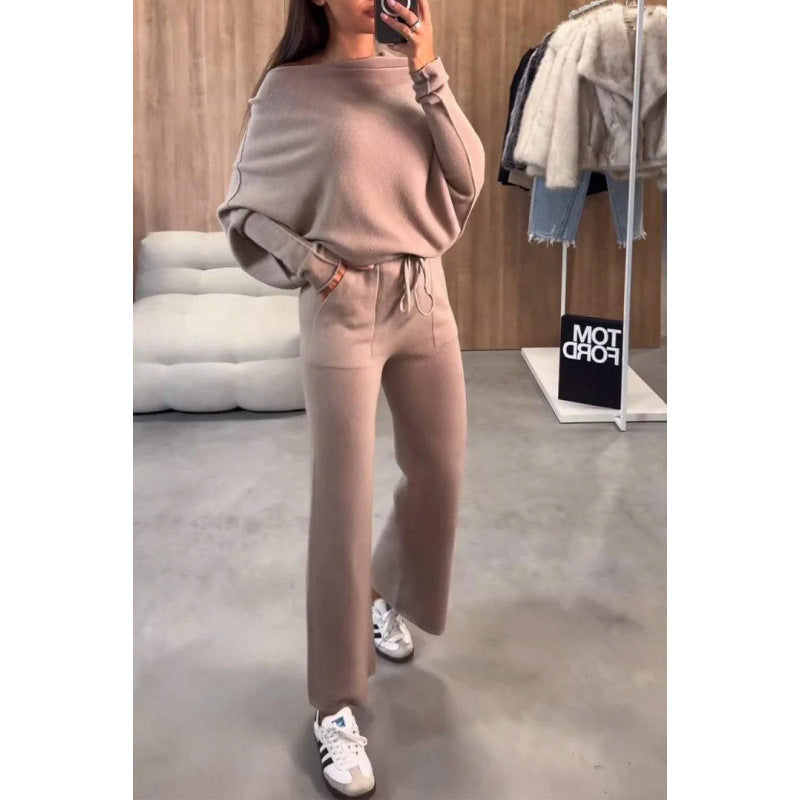 Women's Knit Loungewear Set with Oversized Shoulder, Wide Leg and Drawstring Amarae