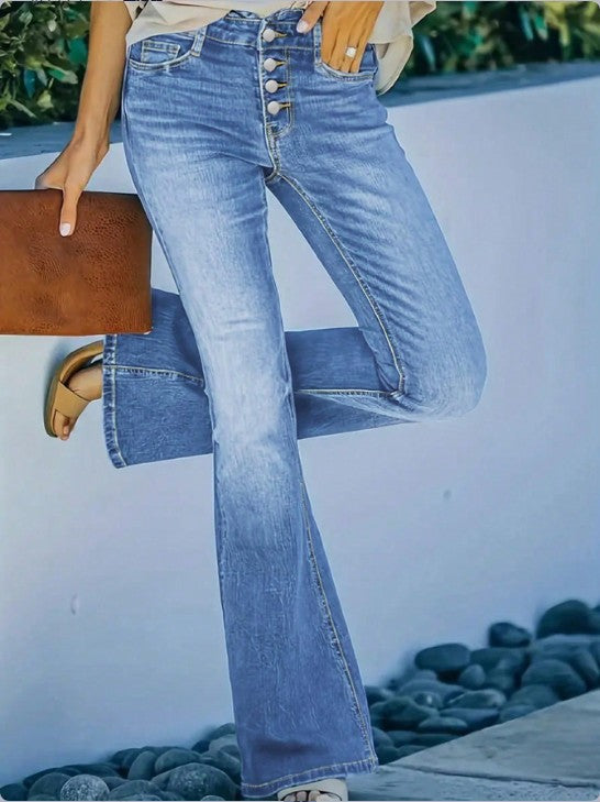 Ladies high-waisted flare jeans with decorative button placket and sculpting fit Amarae