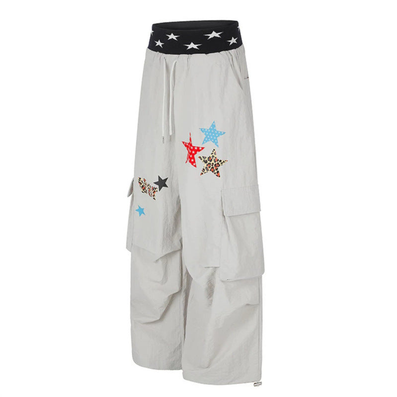 Women's Extra Wide Cargo Palazzo Pants with Star Jacquard Waistband, Drawstring and Playful Star Applications