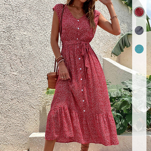 Maxi button-up dress for women with tie belt floral print Amarae