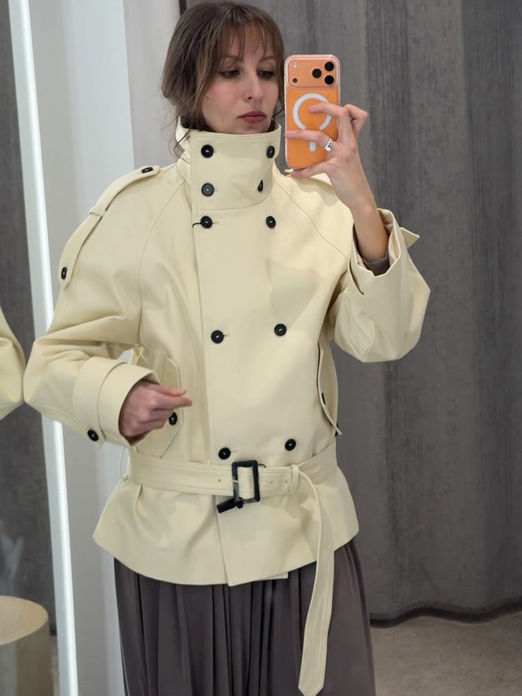 Women Short Double-Breasted Trench Jacket with High Standing Collar and Waist Belt Amarae