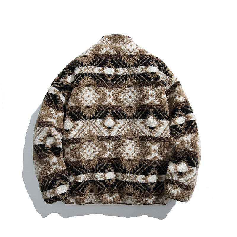 Unisex teddy fleece jacket in tribal pattern with stand-up collar and continuous zipper Amarae
