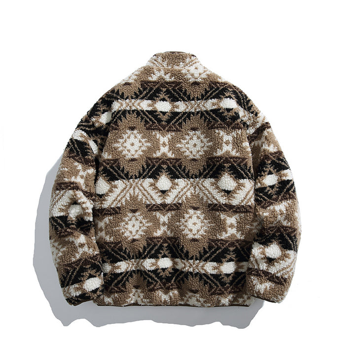 Unisex teddy fleece jacket in tribal pattern with stand-up collar and continuous zipper Amarae