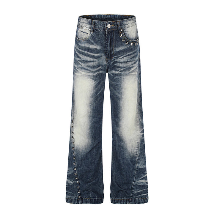 Women High-Waisted Wide Flare Jeans with Used Wash and Studded Trim Amarae
