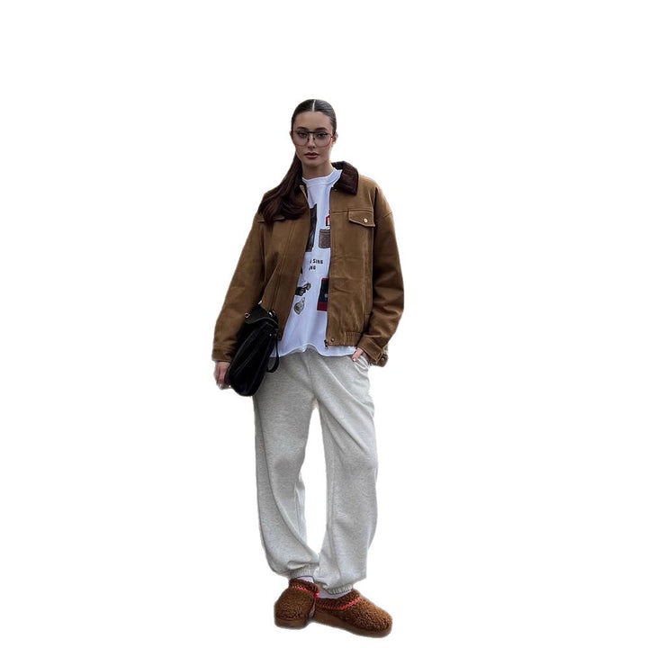 Women's Boxy Suede Blouson Jacket with Cord Collar and Teddy Lining Amarae