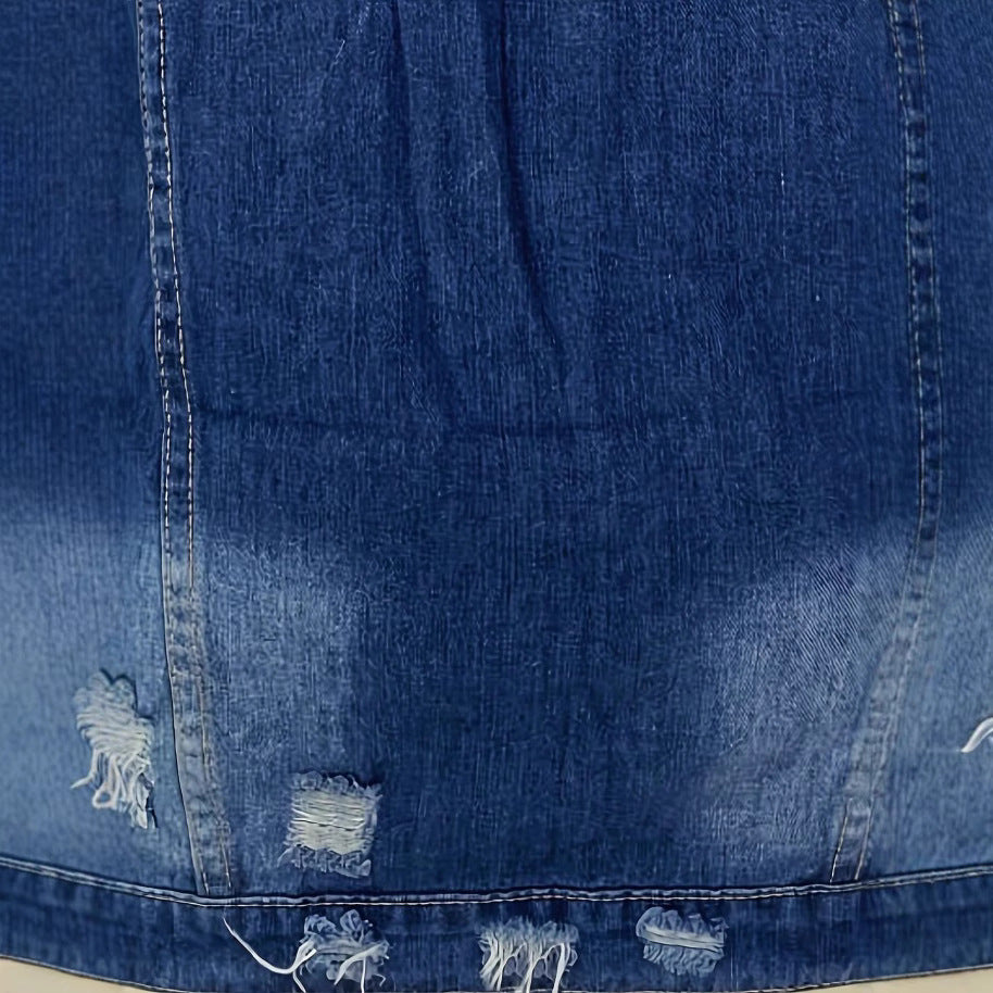 Women's Oversize Longline Denim Jacket with Distressed Details and Flap Pockets Amarae