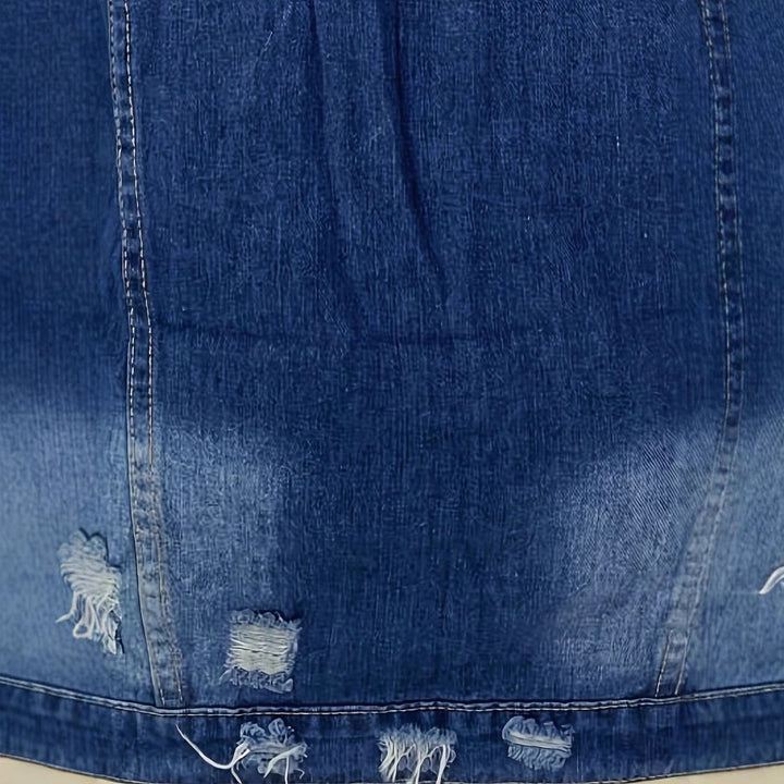 Women's Oversize Longline Denim Jacket with Distressed Details and Flap Pockets Amarae