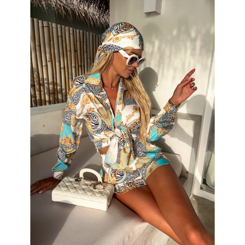 Ladies Short-checked suit with stylish tie belt and fashion print Lune London