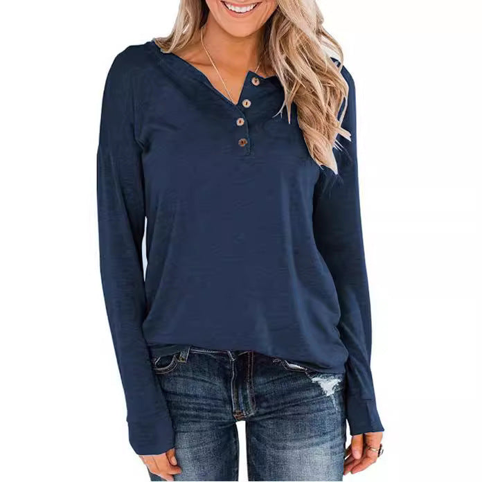 Women’S Fashionable Long Sleeve Henley Shirt with Button Placket Lune London