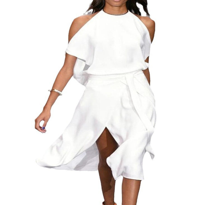 Ladies Elegant and Flowing Maxi Dress with Plunging Neckline and Defined Waist Lune London