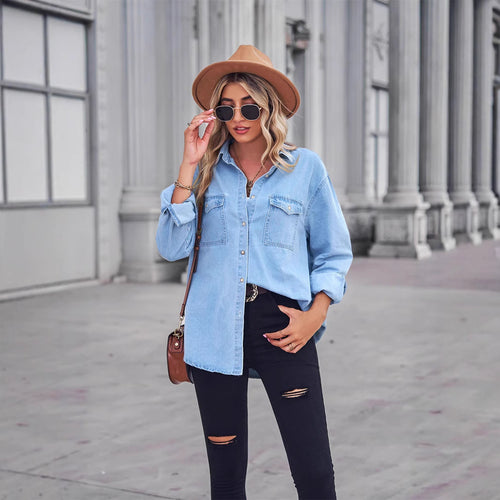 Chemise Blouse en Denim Décontractée pour Femmes avec Poches Poitrine Chic & Stil