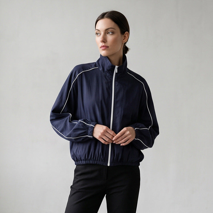 Women's Lightweight Sports Track Jacket with Stand-up Collar, Contrast Piping and Elastic Waistband Amarae