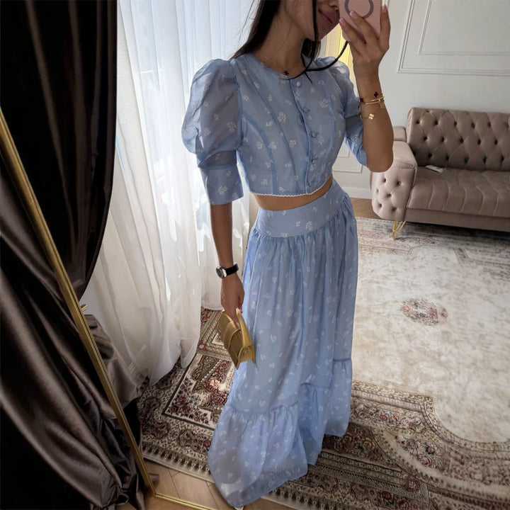 Women's Two-Piece Chiffon Set with Cropped Puff Blouse and Tiered Maxi Skirt Amarae