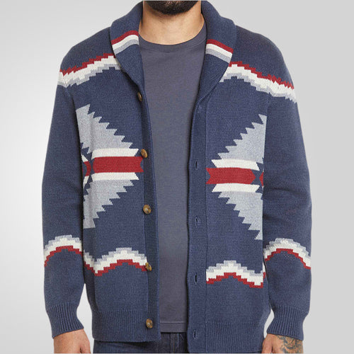 Men's knit jacket with modern ethnic design featuring practical buttons Amarae