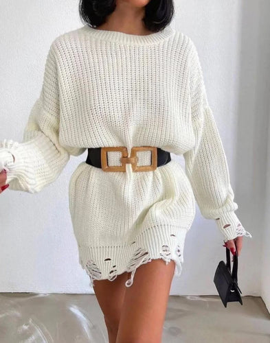 Knitted dress for women with asymmetric hem and trendy belt Amarae