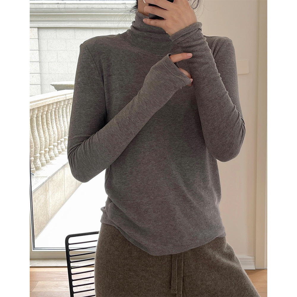 Women's Fitted Long Sleeve Shirt made of fine Stretch Jersey with Stand-Up Collar and Thumb Hole Amarae