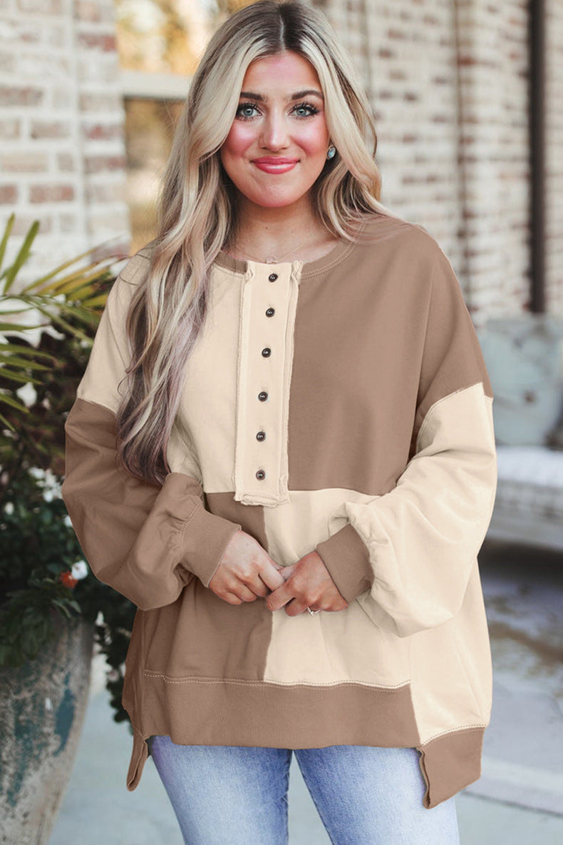Women's Oversized Long Sleeve Sweatshirt in Colorblock with Henley Button Placket and Balloon Sleeves Amarae